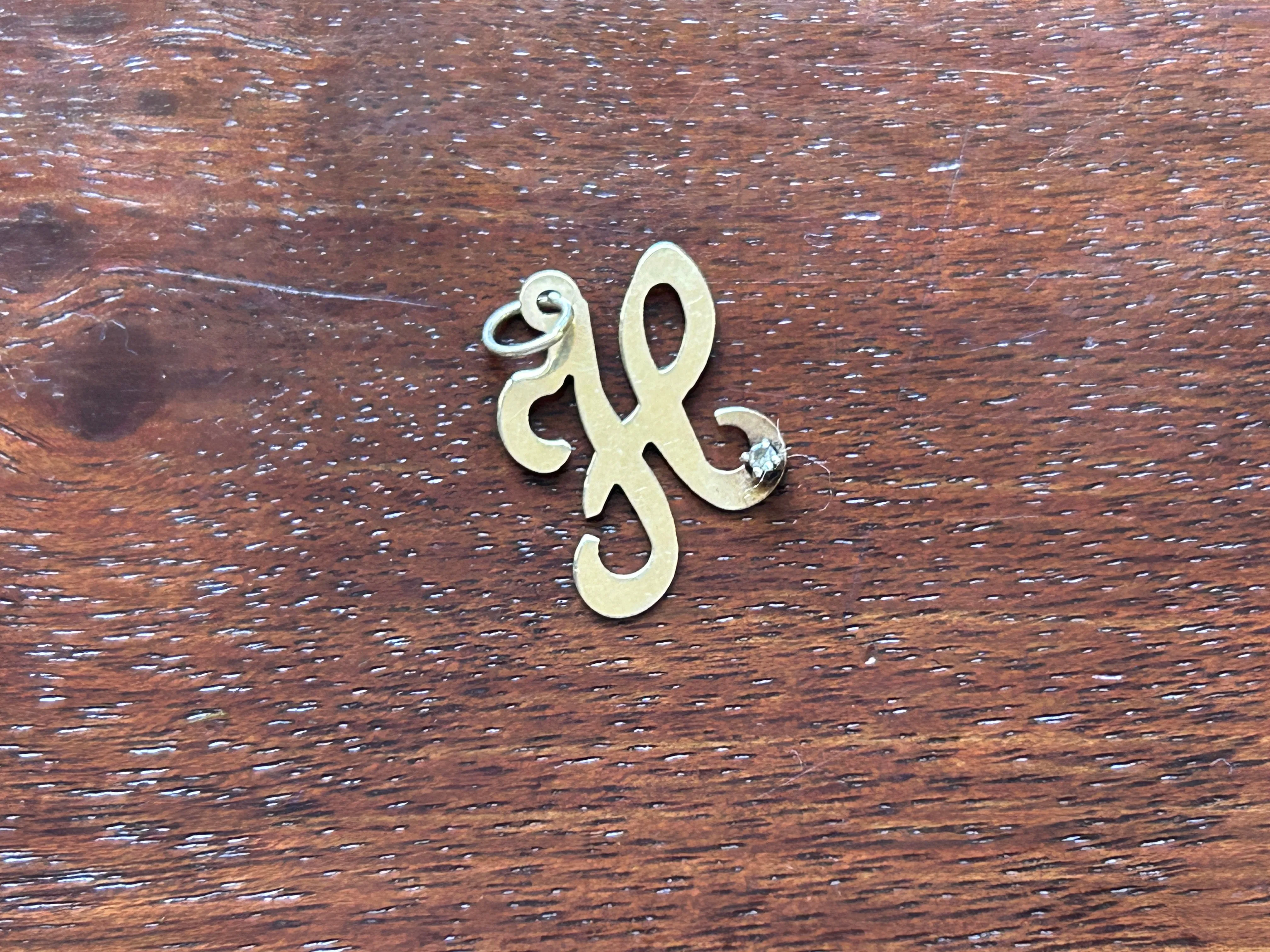 14k Yellow Gold "H" Letter Initial Monogram Charm Pendant Diamond Accent