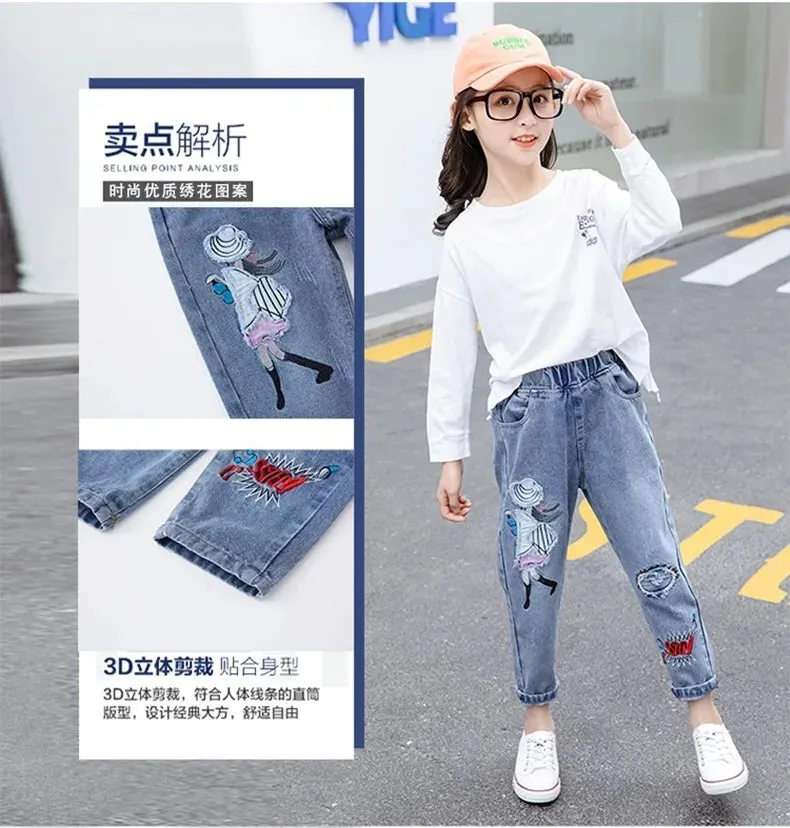 2024 Girls Students Jeans spring autumn Korean Wild Loose cartoon print Elastic Waist Straight Thin Wide-leg jeans 3-12Y