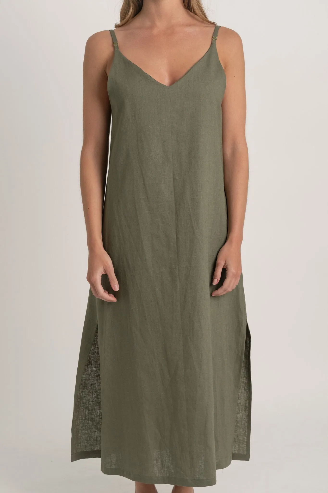 Basique Linen Slip Dress Khaki