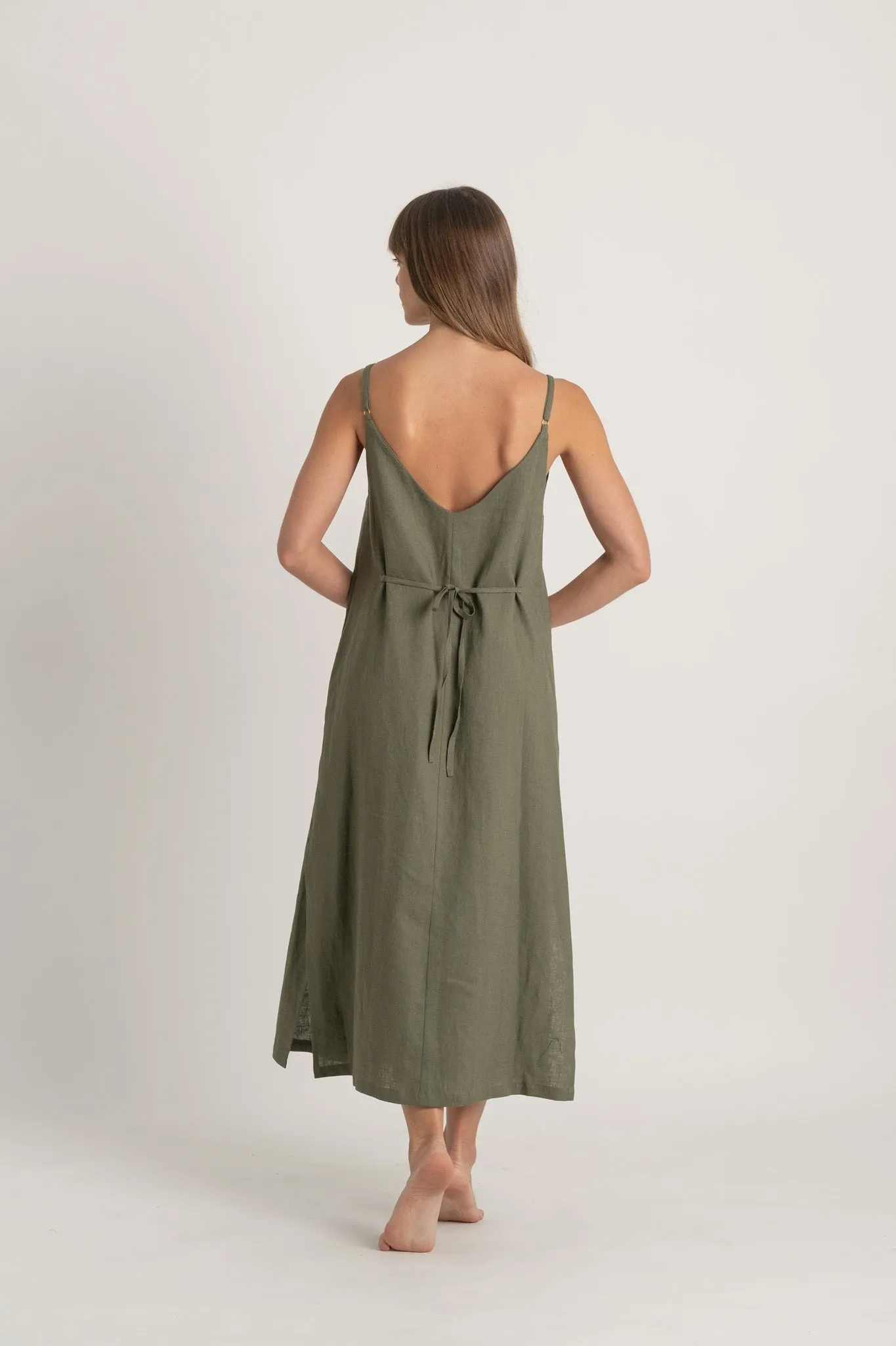 Basique Linen Slip Dress Khaki