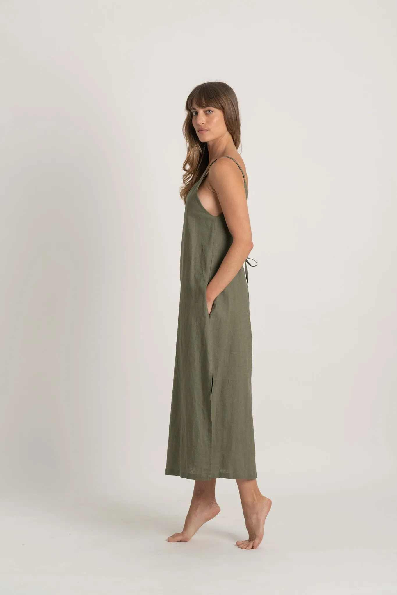 Basique Linen Slip Dress Khaki