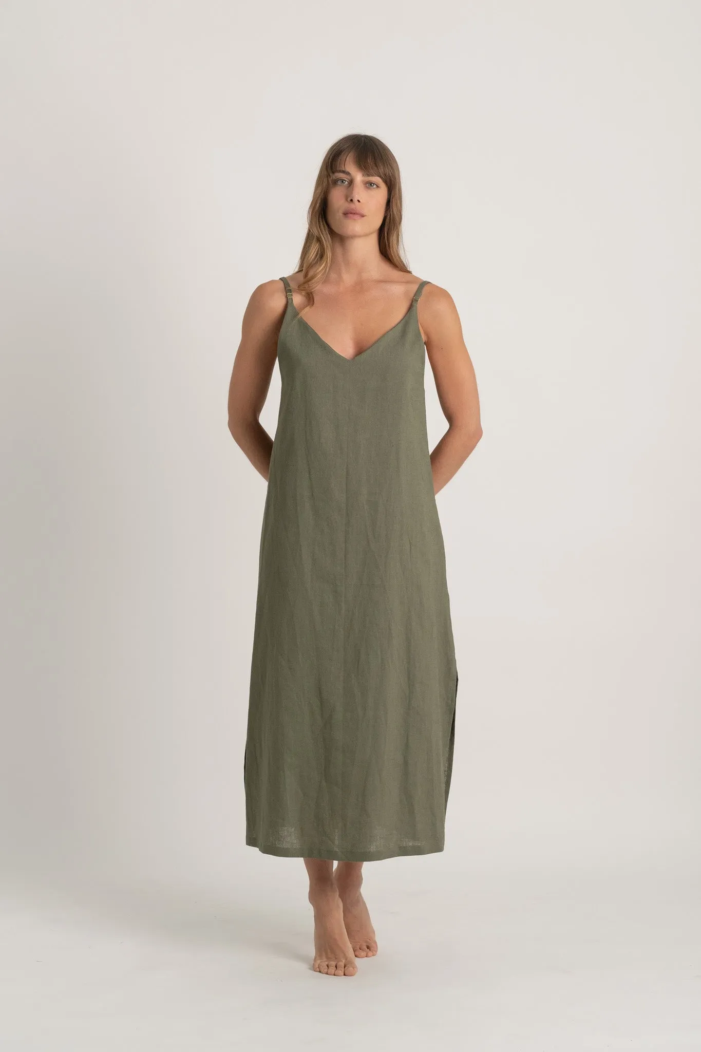 Basique Linen Slip Dress Khaki