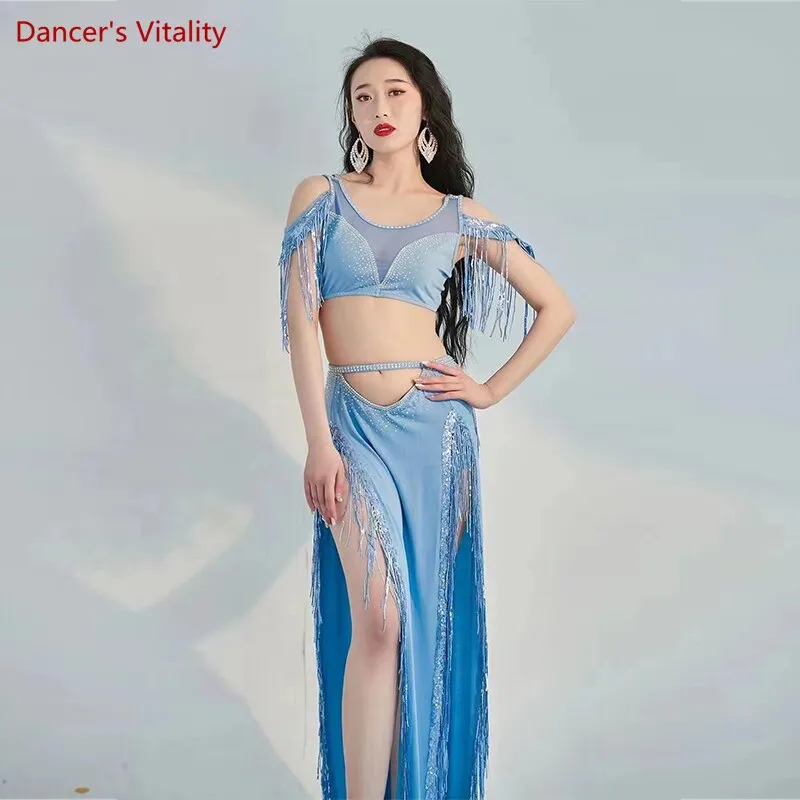 Belly Dance Professional Costumes Set Female Shining Performance Clothing Short Sleeves Top long Skirt 2pcs Oriental Dance Wear