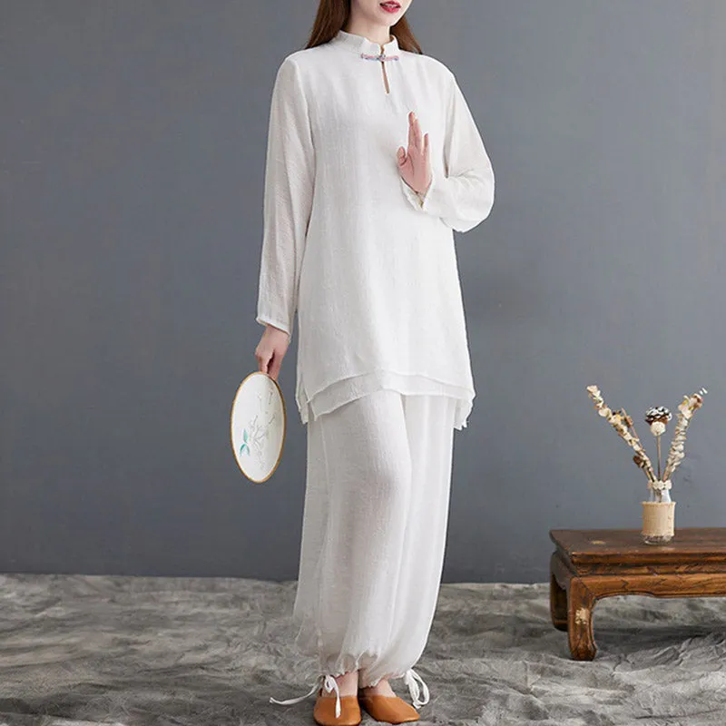 Buddha Stones 2Pcs Tai Chi Meditation Yoga Zen Spiritual Cotton Linen Clothing Top Pants Women's Set