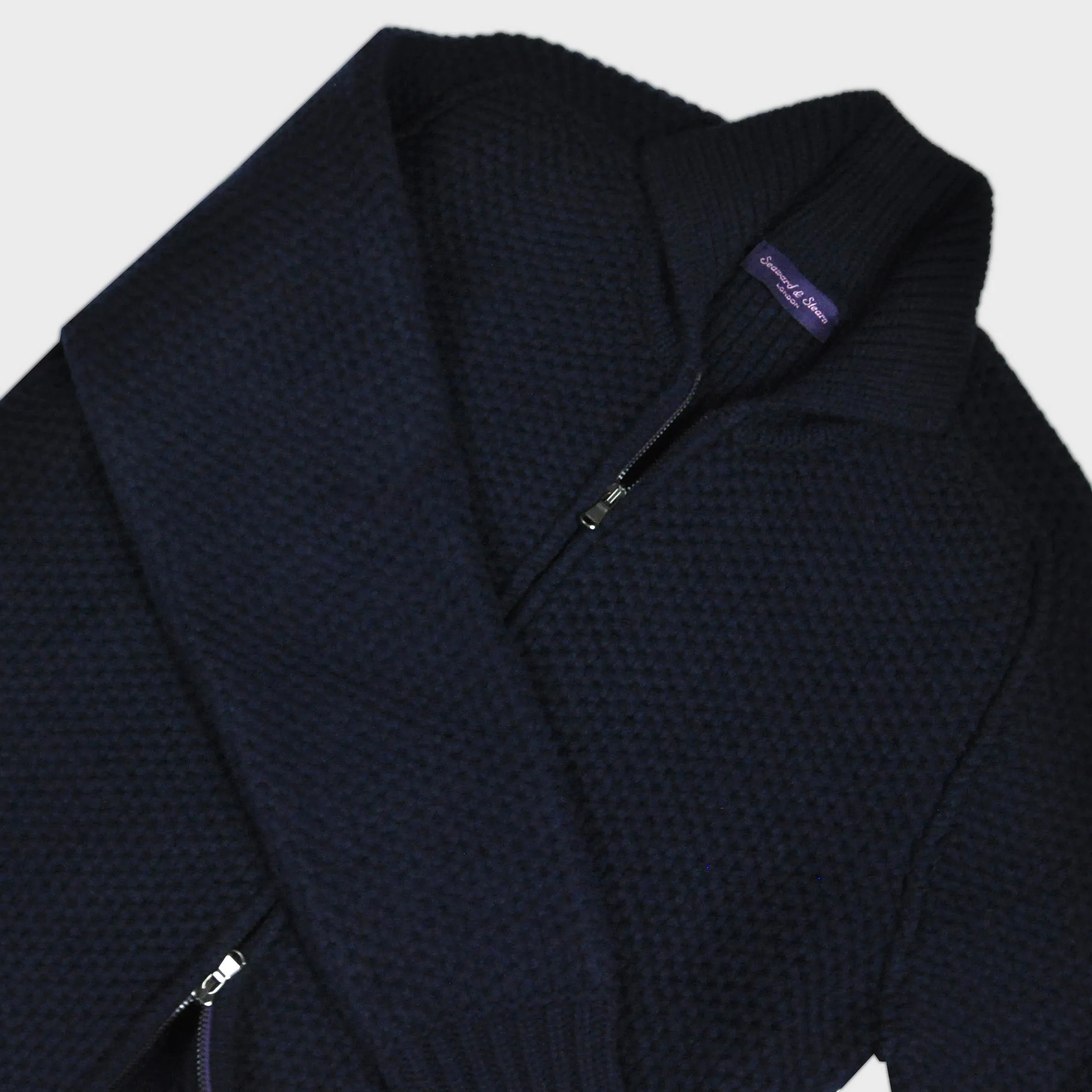 Chunky Merino Wool Zip Cardigan with Ribbed Collar in Dark Navy