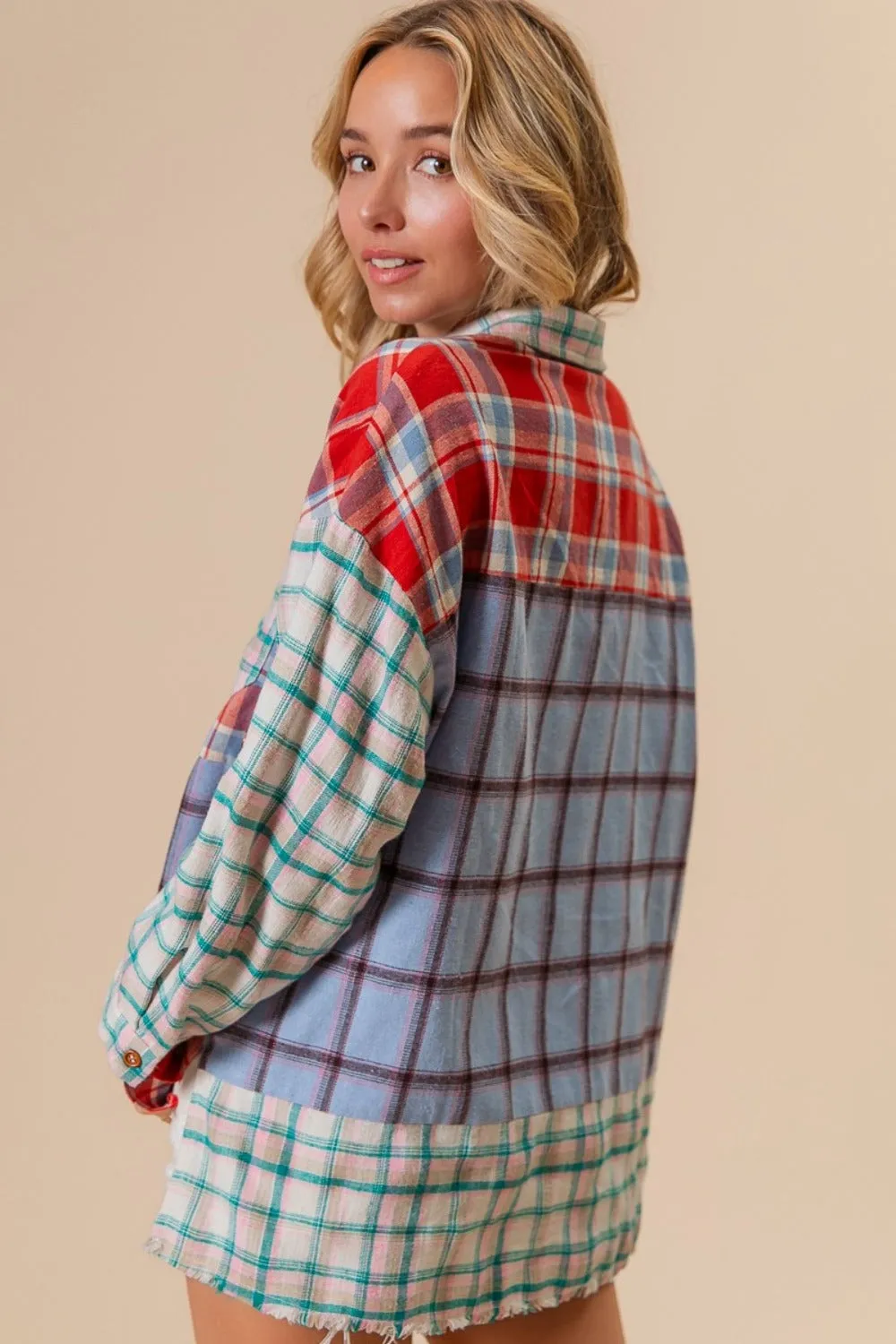 Color Block Plaid Button Down Shirt