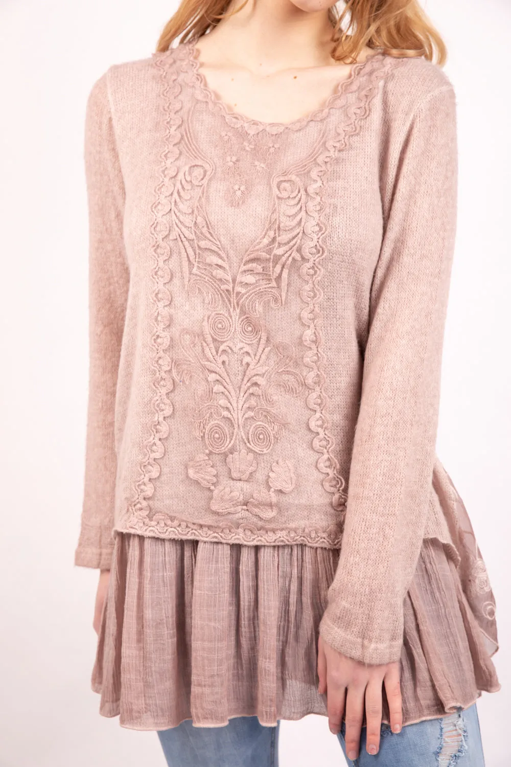 Floral Lace Embroidered Top With Frill