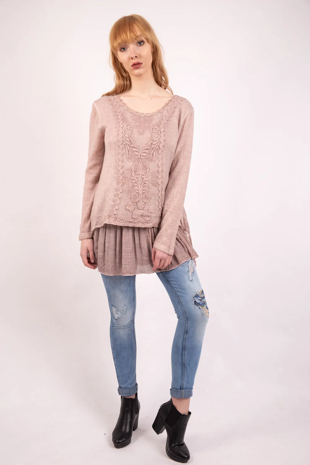 Floral Lace Embroidered Top With Frill