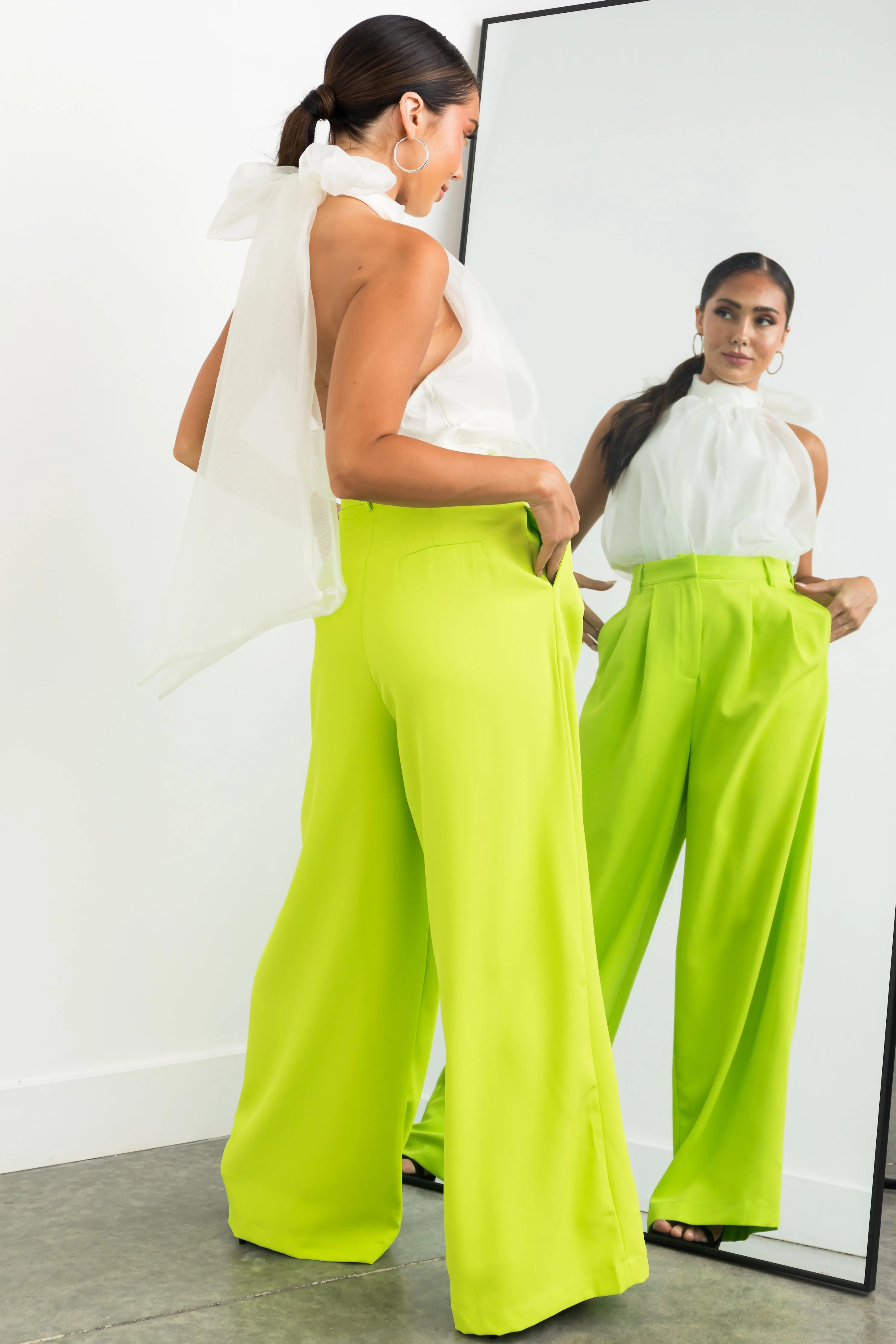 Flying Tomato Lime High Waisted Wide Leg Woven Pants