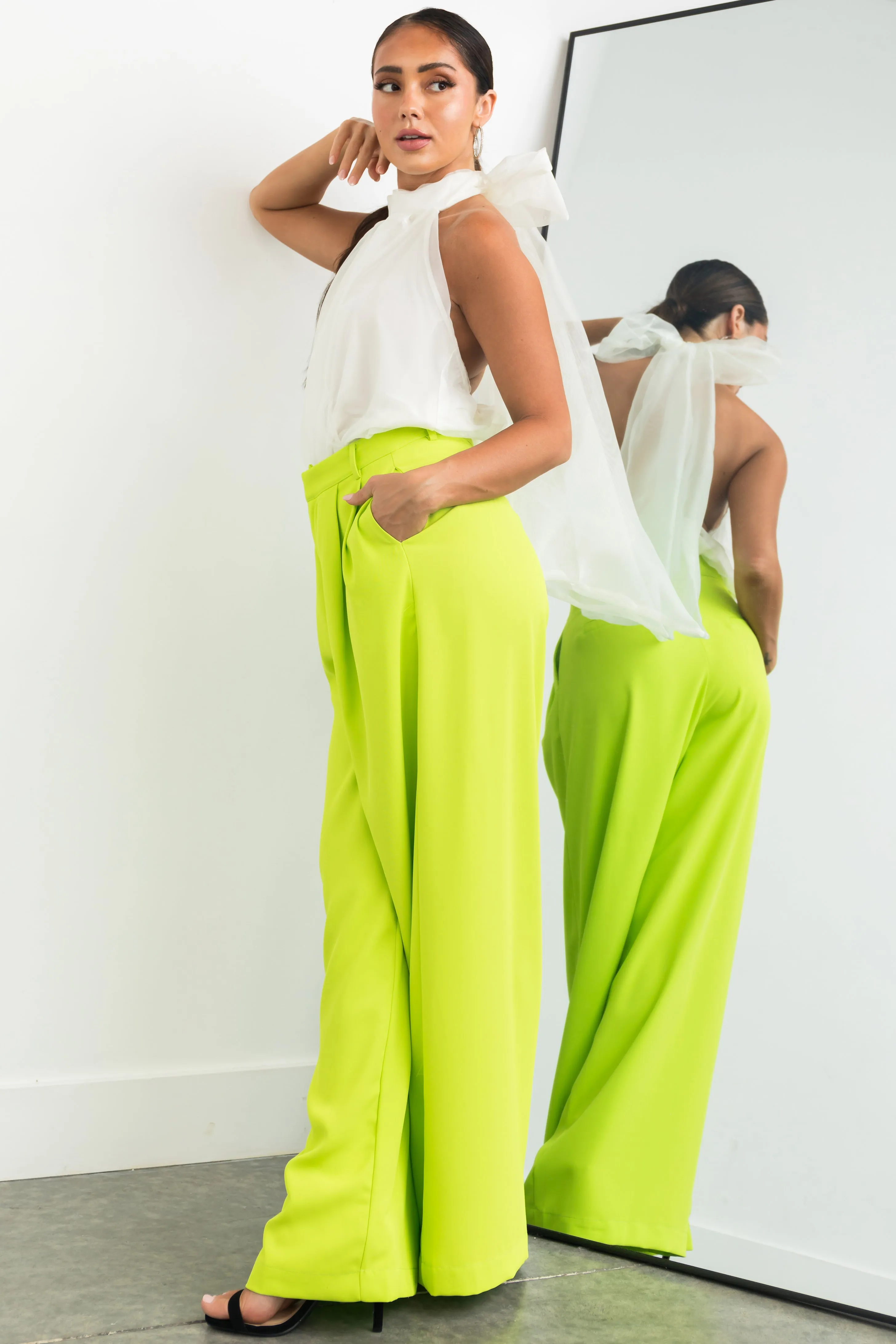 Flying Tomato Lime High Waisted Wide Leg Woven Pants