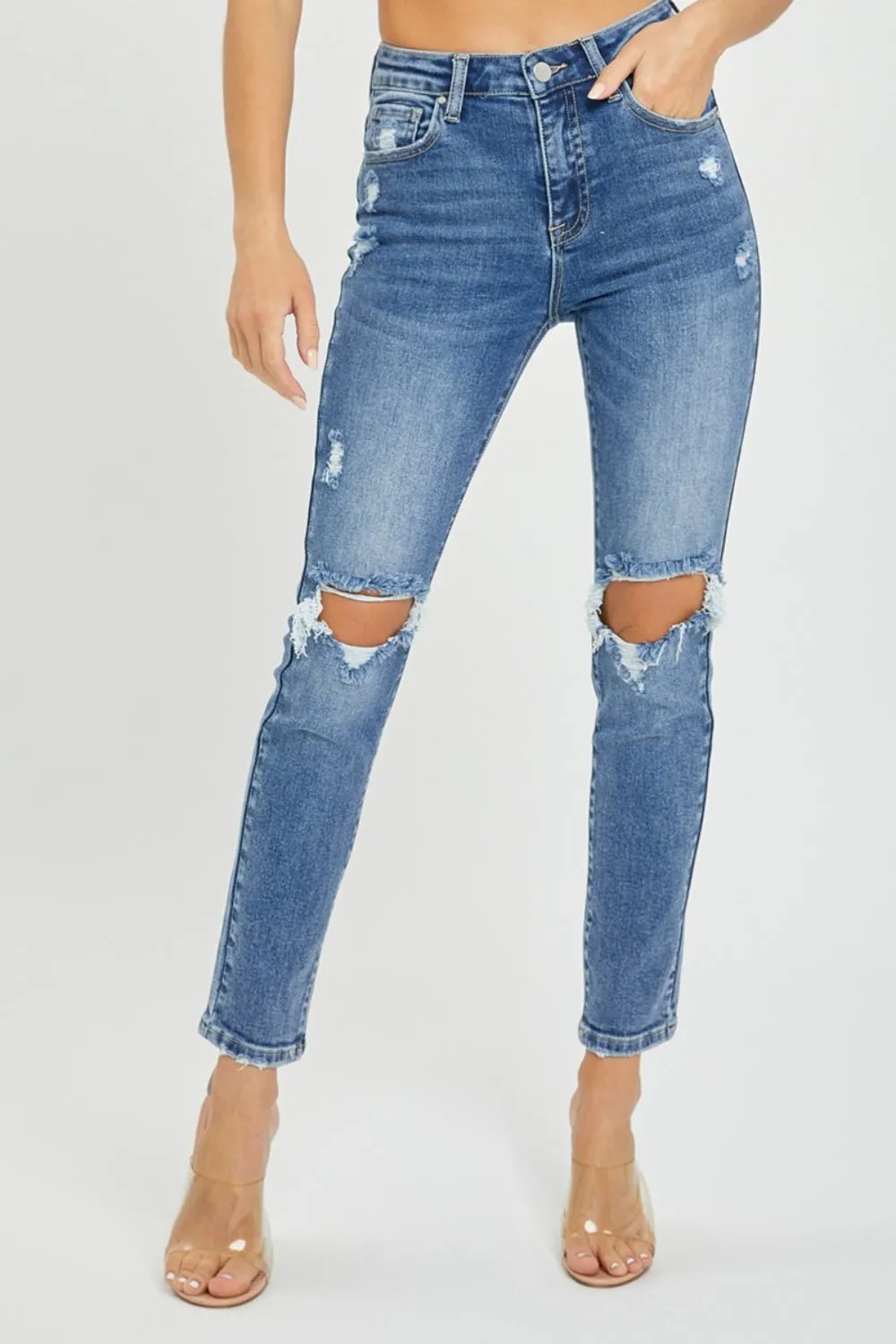 Full Size High Rise Knee Distressed Skinny Jeans