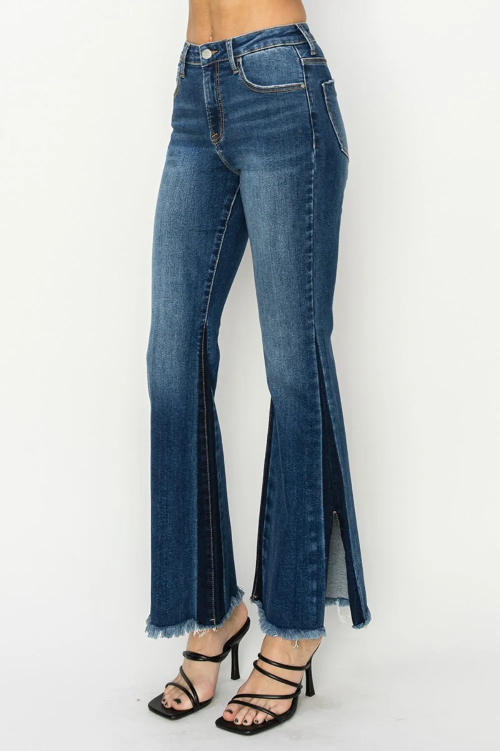 Full Size High Rise Side Shadow Seam Detail Slit Flare Jeans