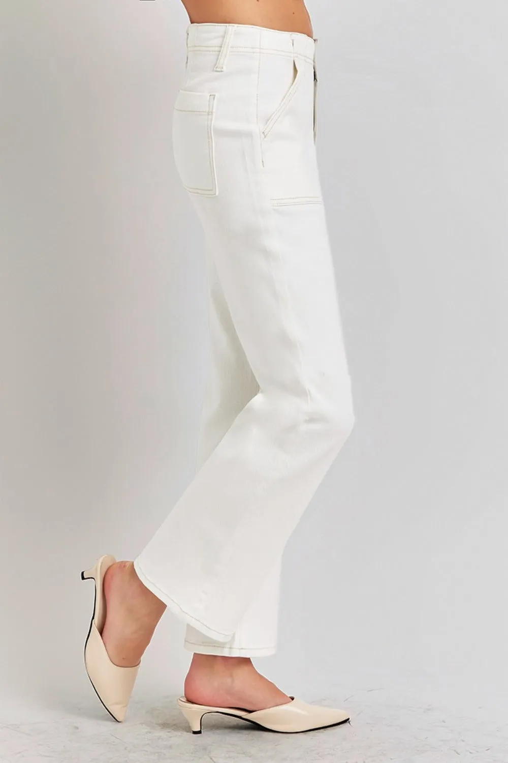 High Rise Ankle Flare Jeans with Patch Pockets