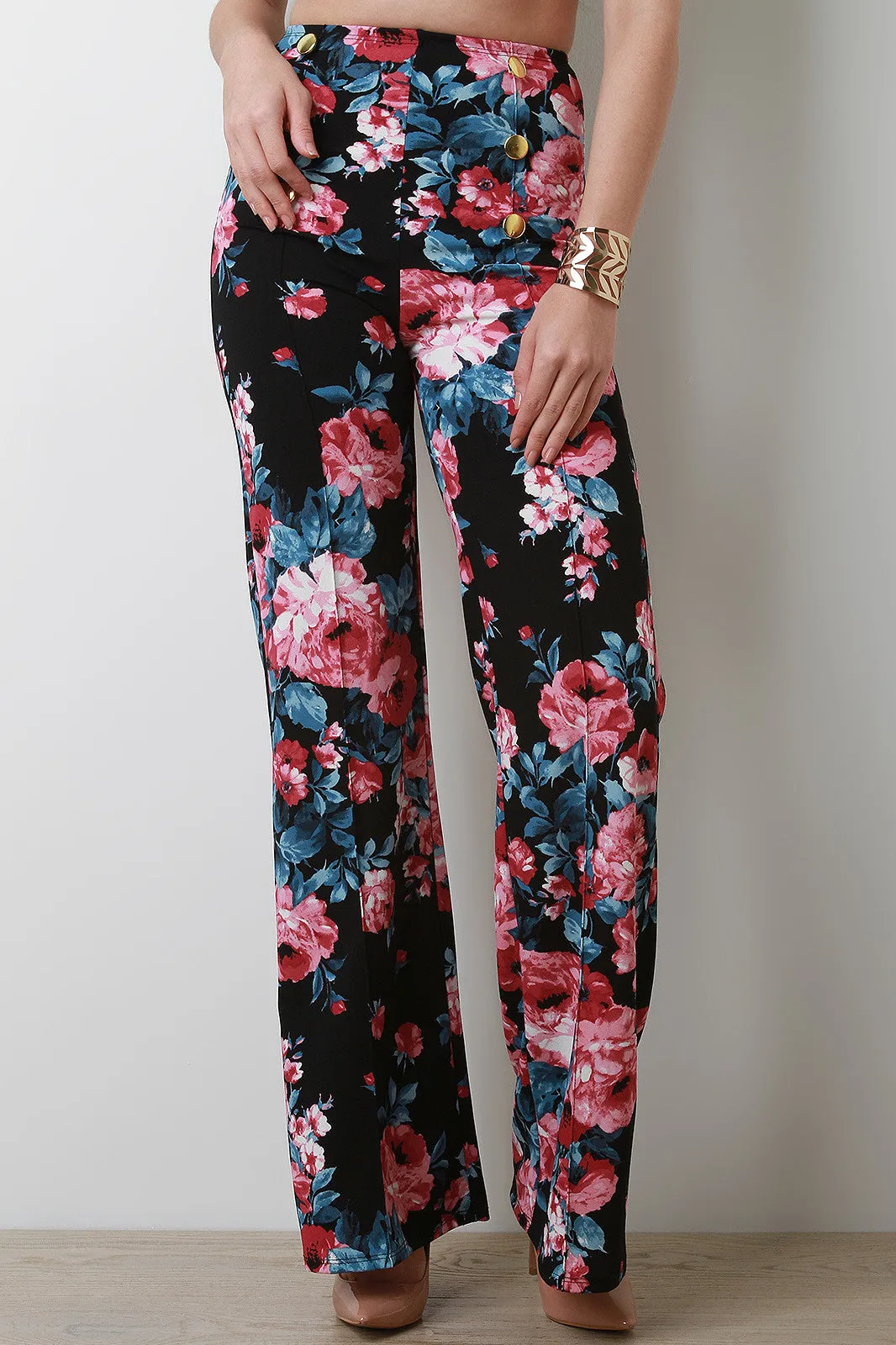 High Waisted Floral Decor Button Palazzo Pants