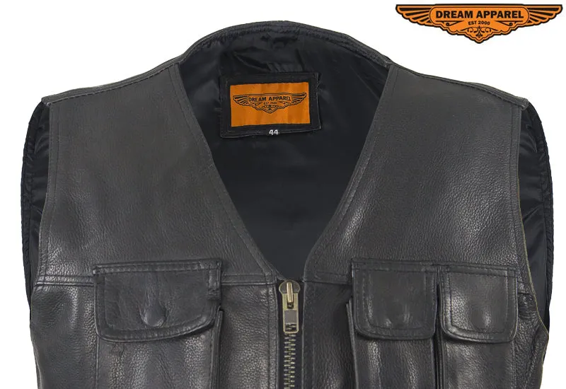 Mens Leather Cargo Vest With 9 Pockets