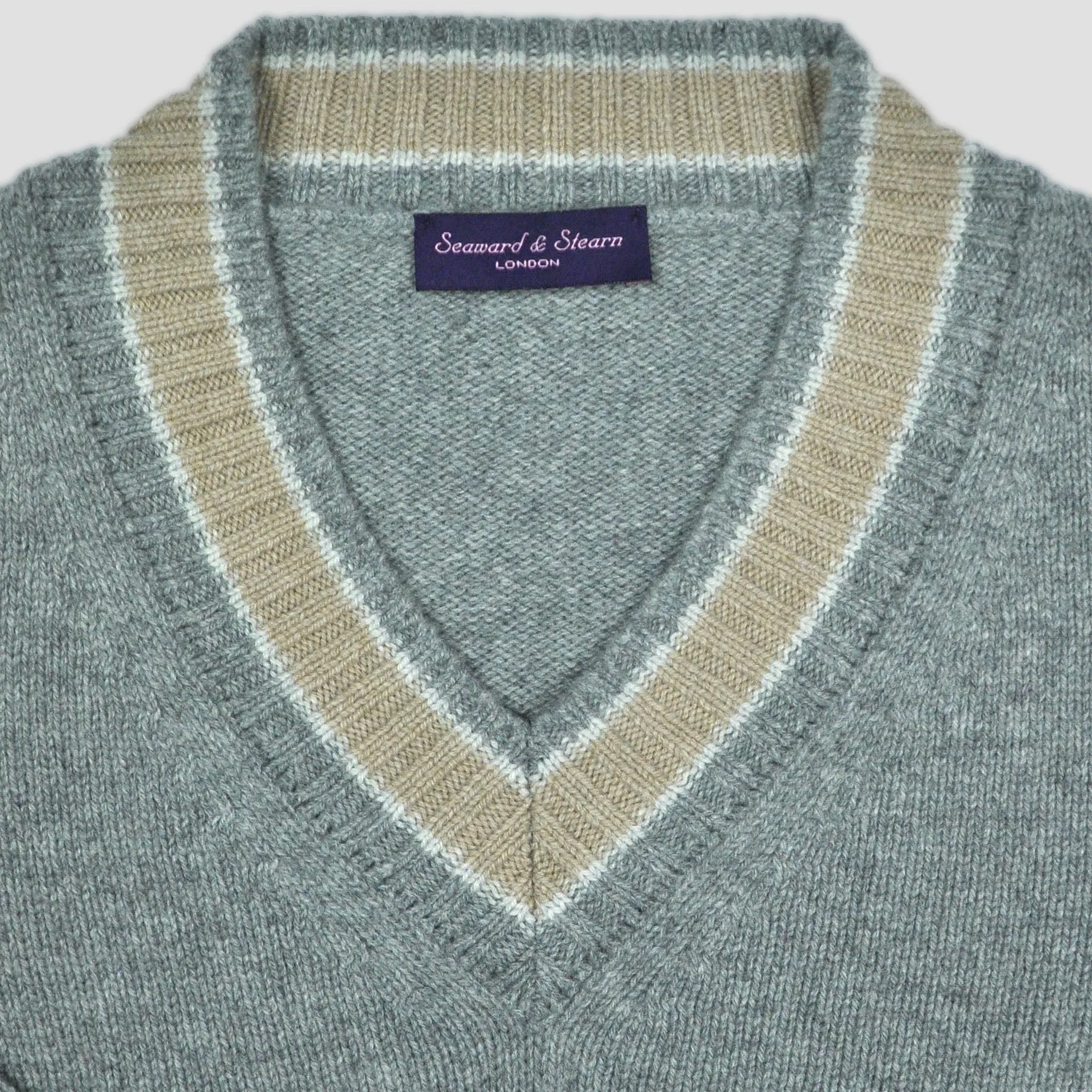 Merino Wool V-Neck Cricket Style Jumper in Grey with Beige Trim