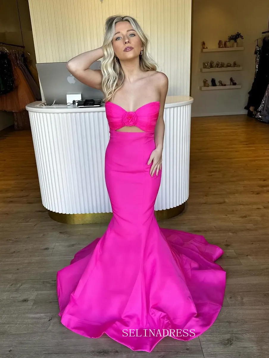 Mermaid Strapless Hot Pink Long Prom Dress Satin Evening Dress sew1039