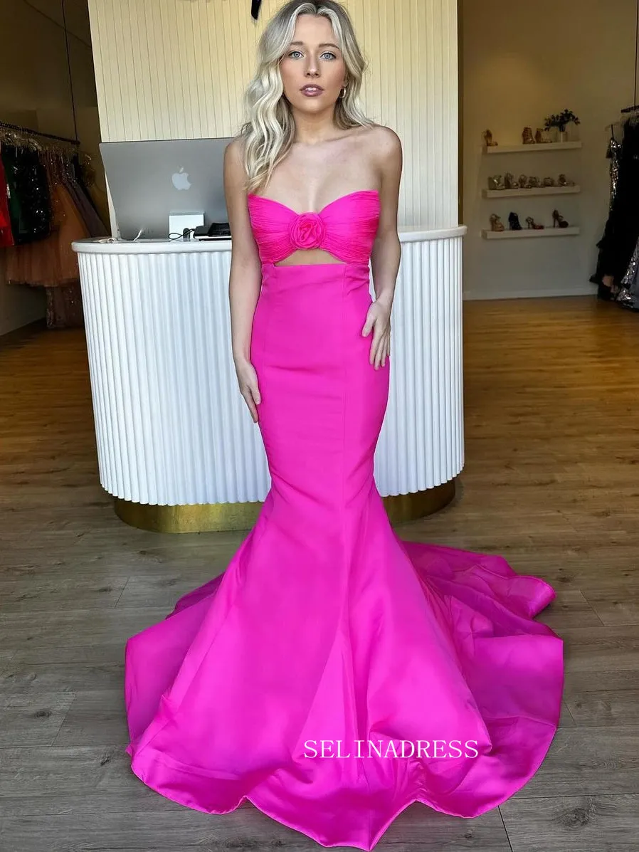 Mermaid Strapless Hot Pink Long Prom Dress Satin Evening Dress sew1039