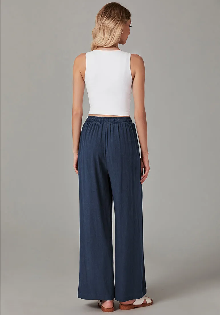 Navy Blue Relaxed Fit High Waisted Elastic Waist Wide Leg Drawstring Pocket Pant