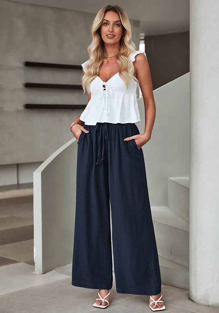 Navy Blue Relaxed Fit High Waisted Elastic Waist Wide Leg Drawstring Pocket Pant