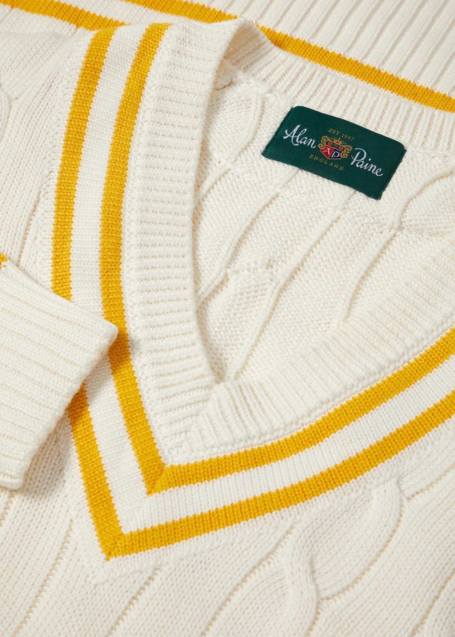 Sandridge Cable Knit Cricket Jumper In Ecru & Gold