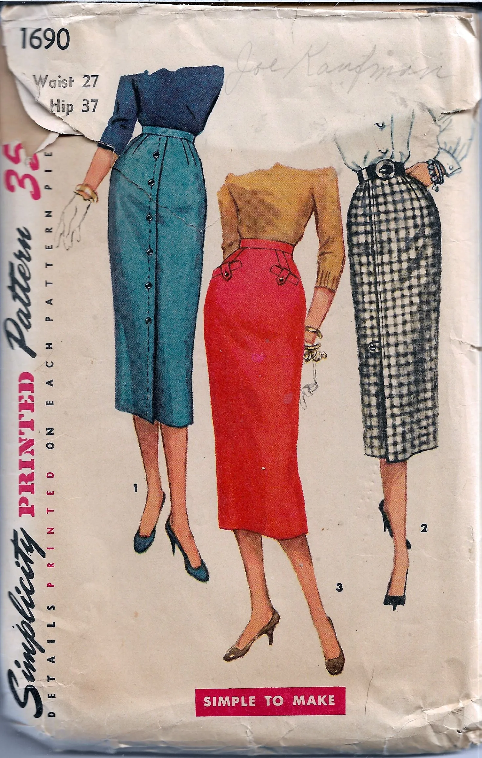 Simplicity 1690 Ladies Slim Pencil Skirt Vintage Sewing Pattern 1950s