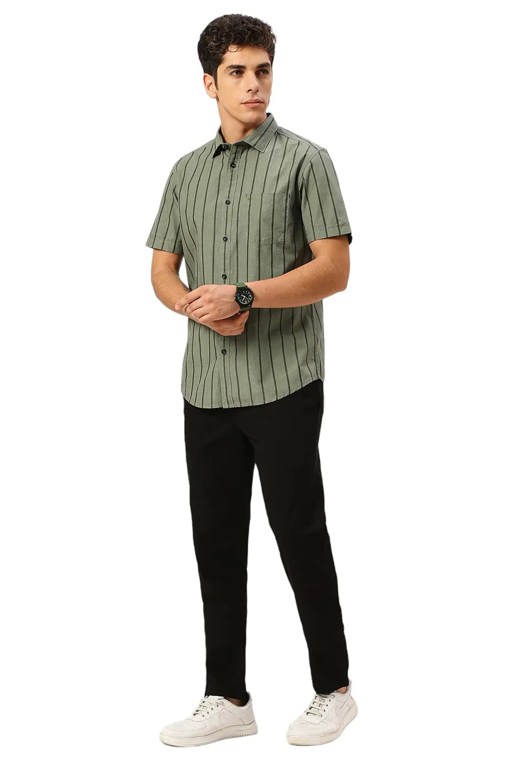 Slim Fit Cotton Fil-a-Fil Stripe Halfsleeves Shirt