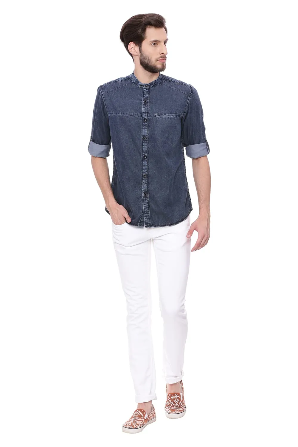 Slim Fit Satin Indigo Shirt