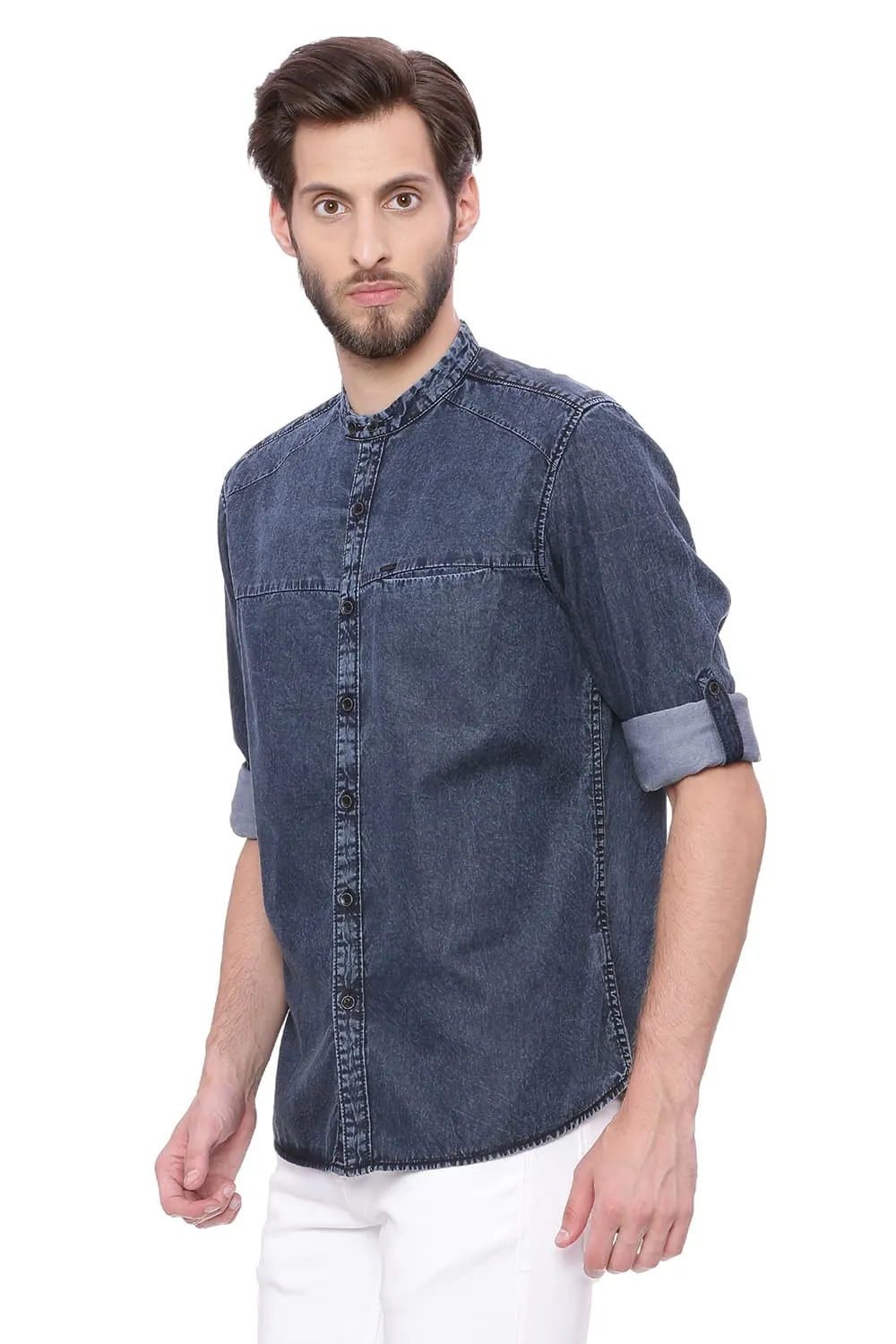 Slim Fit Satin Indigo Shirt