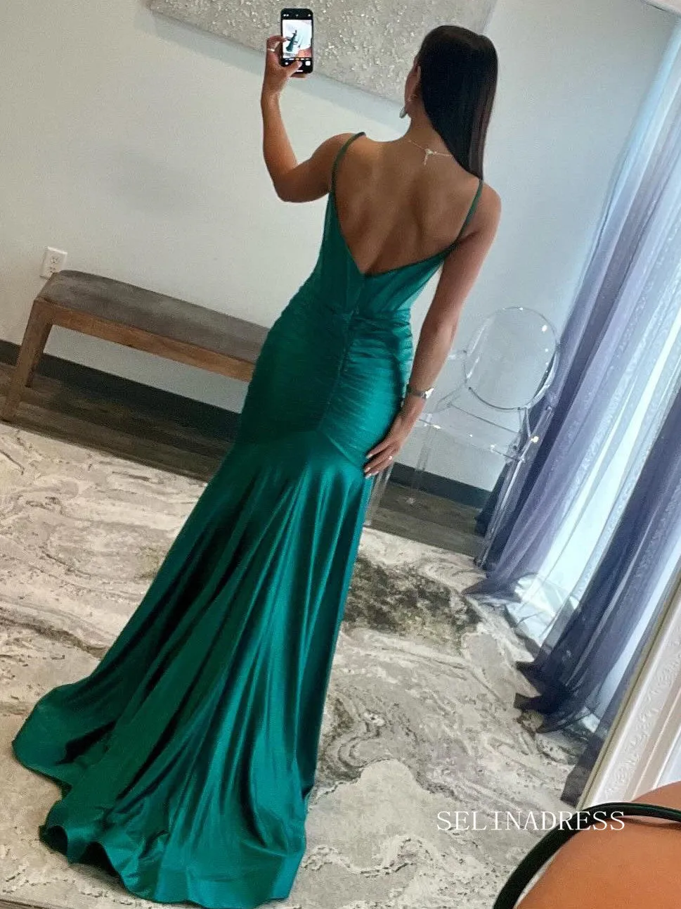 Straps Satin Mermaid Long Prom Dress with Slit lpk809