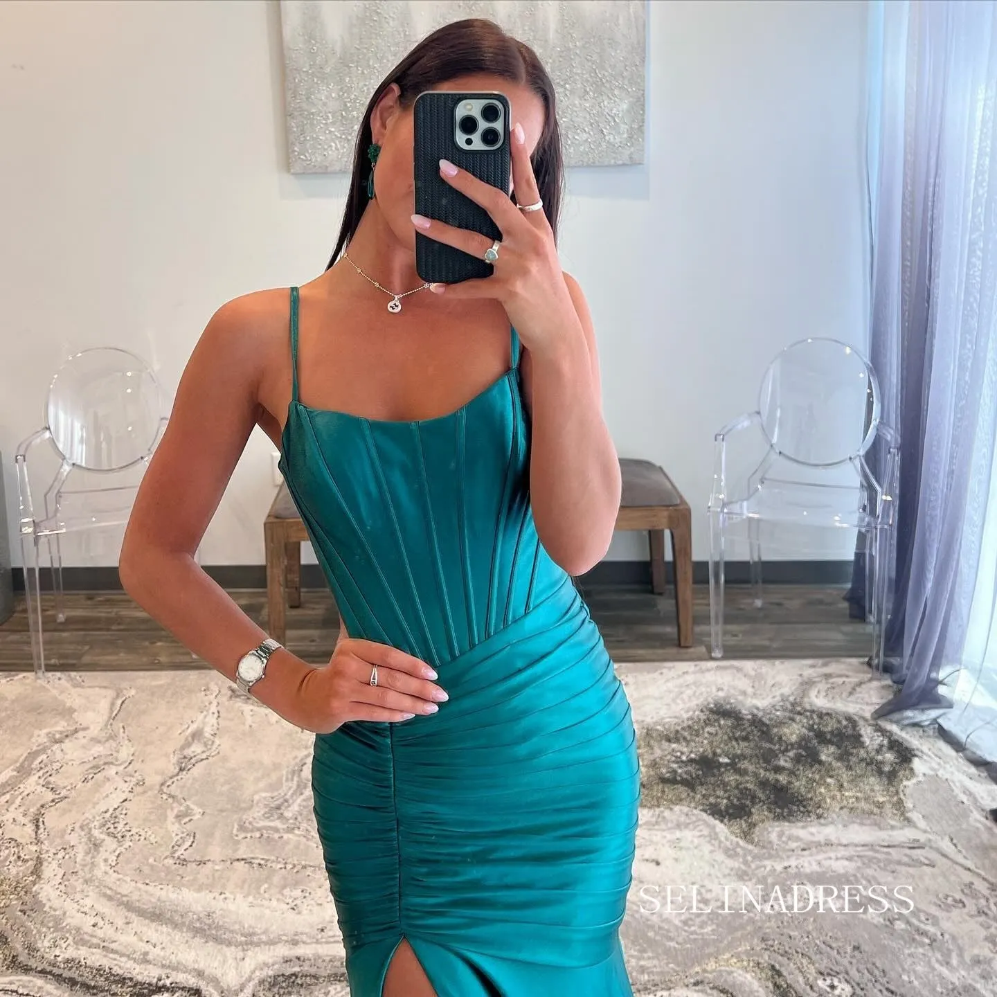 Straps Satin Mermaid Long Prom Dress with Slit lpk809