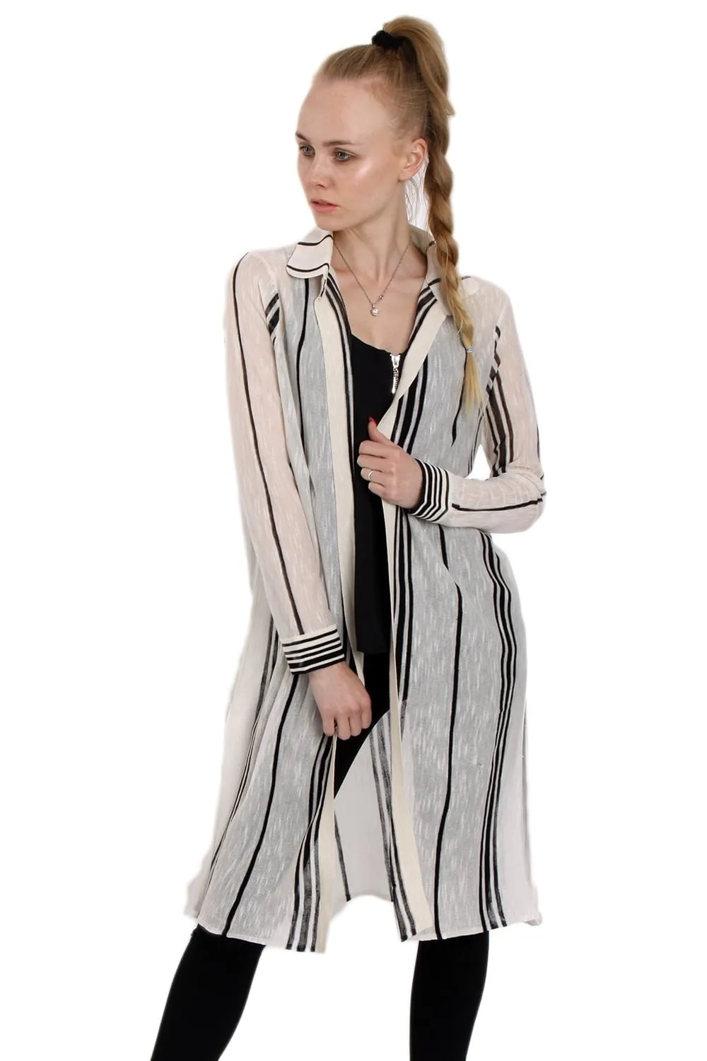 Striped Longline Lightweight Semi-Sheer Collar Cardigan With Side Split