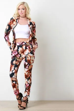 Textured Knit Floral Print High Waisted Pants