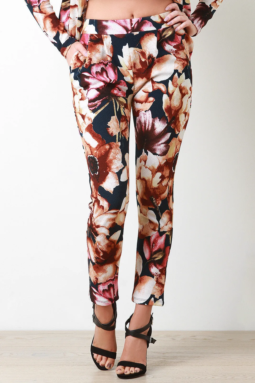 Textured Knit Floral Print High Waisted Pants