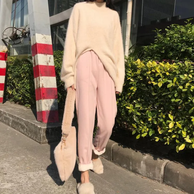 Winter Faux Fur Pink Beige High Waisted Pants