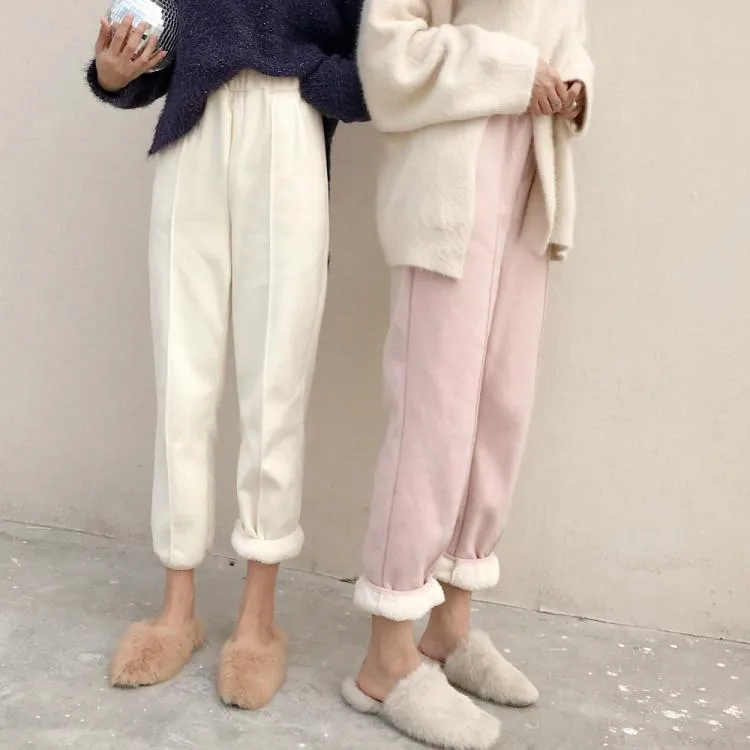 Winter Faux Fur Pink Beige High Waisted Pants