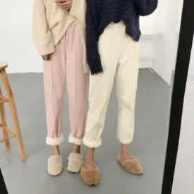 Winter Faux Fur Pink Beige High Waisted Pants