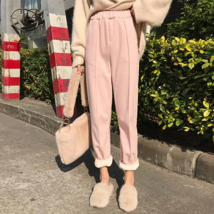 Winter Faux Fur Pink Beige High Waisted Pants