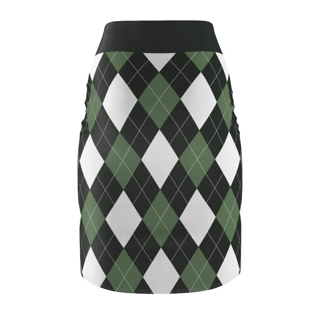 Womens Pencil Skirt, Green And White Argyle Stretch Mini, S510537