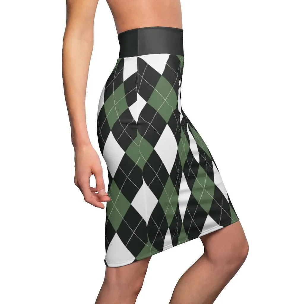 Womens Pencil Skirt, Green And White Argyle Stretch Mini, S510537