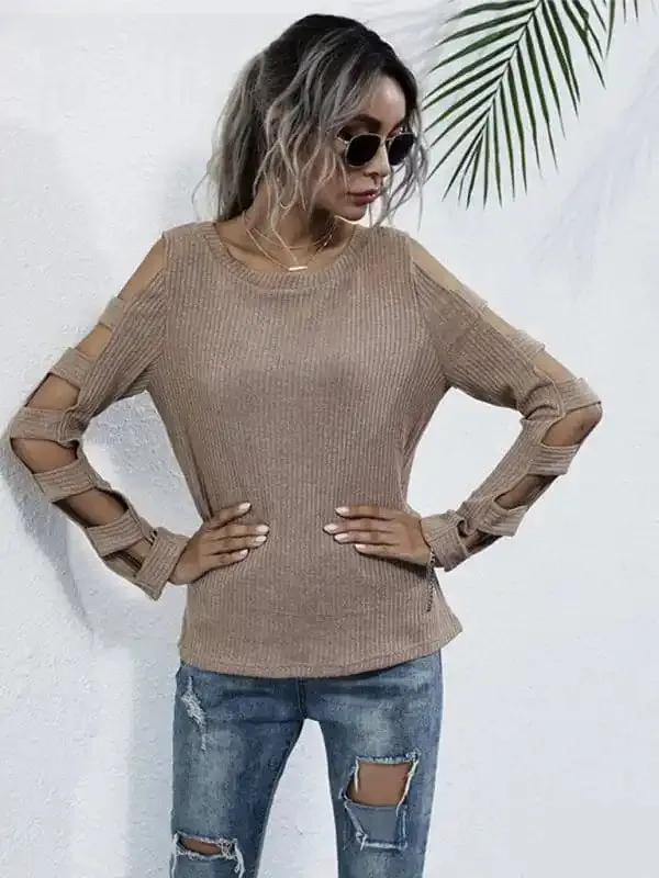 women’s slim fit sweater hollow long sleeve bottoming knitted sweater