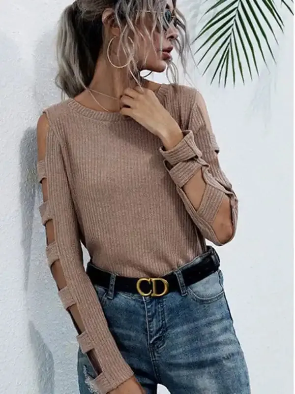 women’s slim fit sweater hollow long sleeve bottoming knitted sweater